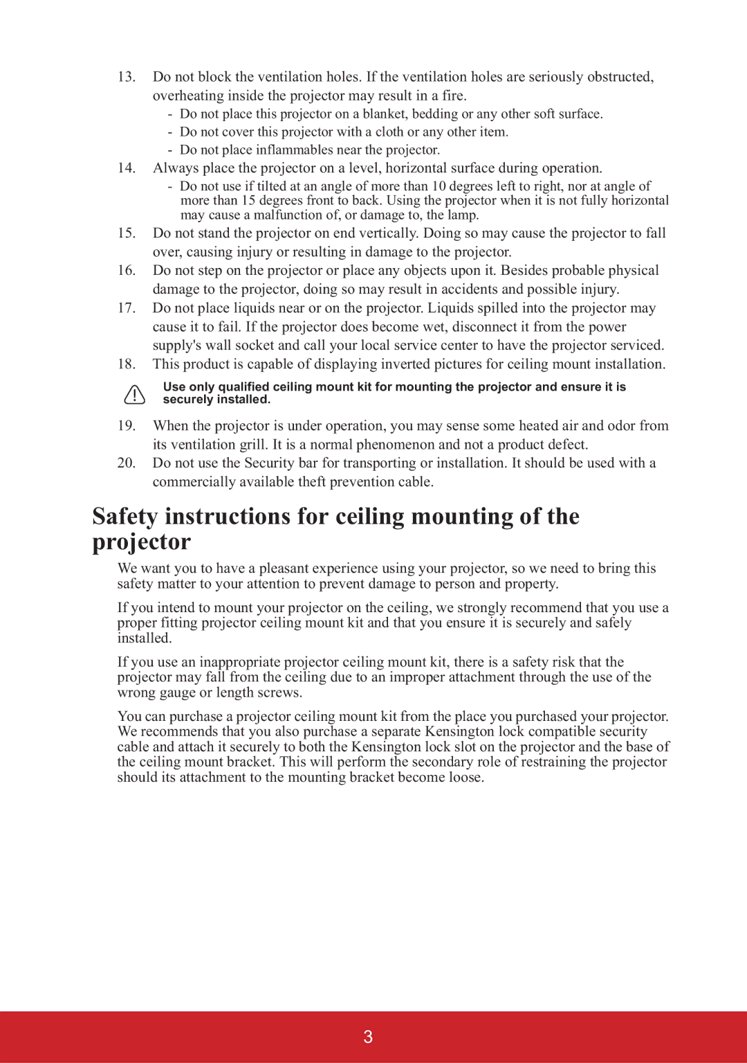 ViewSonic PJD6653W, PJD6553W, PJD6683W, PJD6353S, PJD6383 warranty Safety instructions for ceiling mounting of the projector 