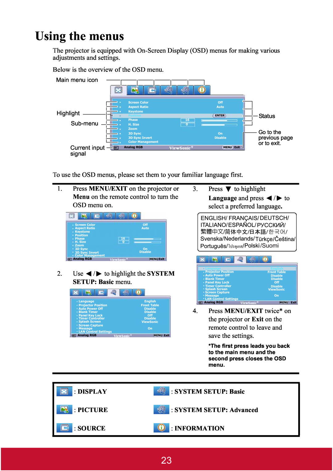 ViewSonic PJD7400W Using the menus, to highlight the SYSTEM, SETUP Basic menu, Display, SYSTEM SETUP Basic, Picture 