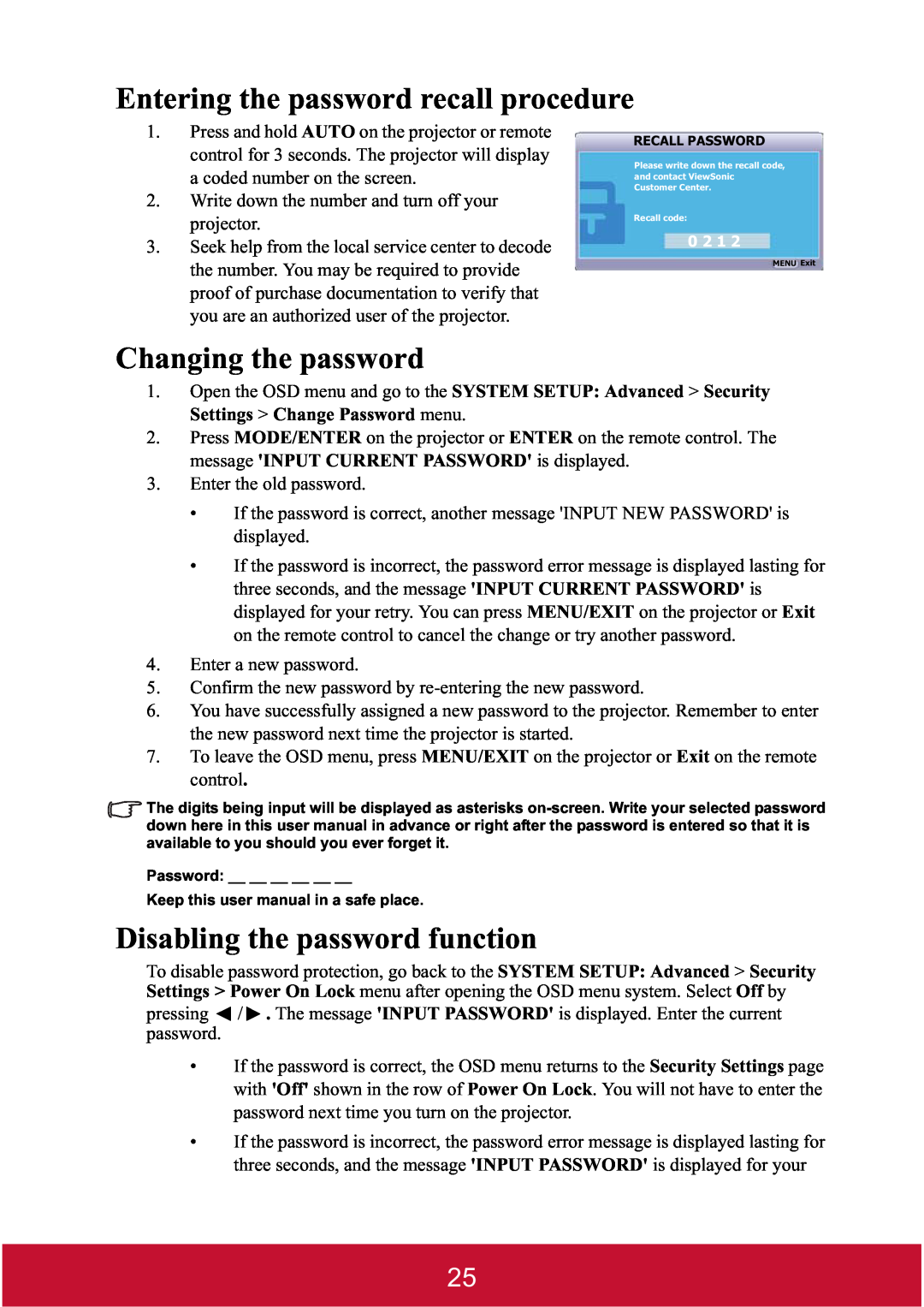 ViewSonic PJD7382, PJD7400W Entering the password recall procedure, Changing the password, Disabling the password function 