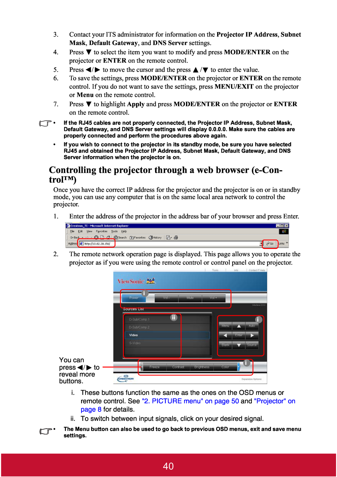 ViewSonic PJD7382, PJD7400W warranty Controlling the projector through a web browser e-Con- trol 