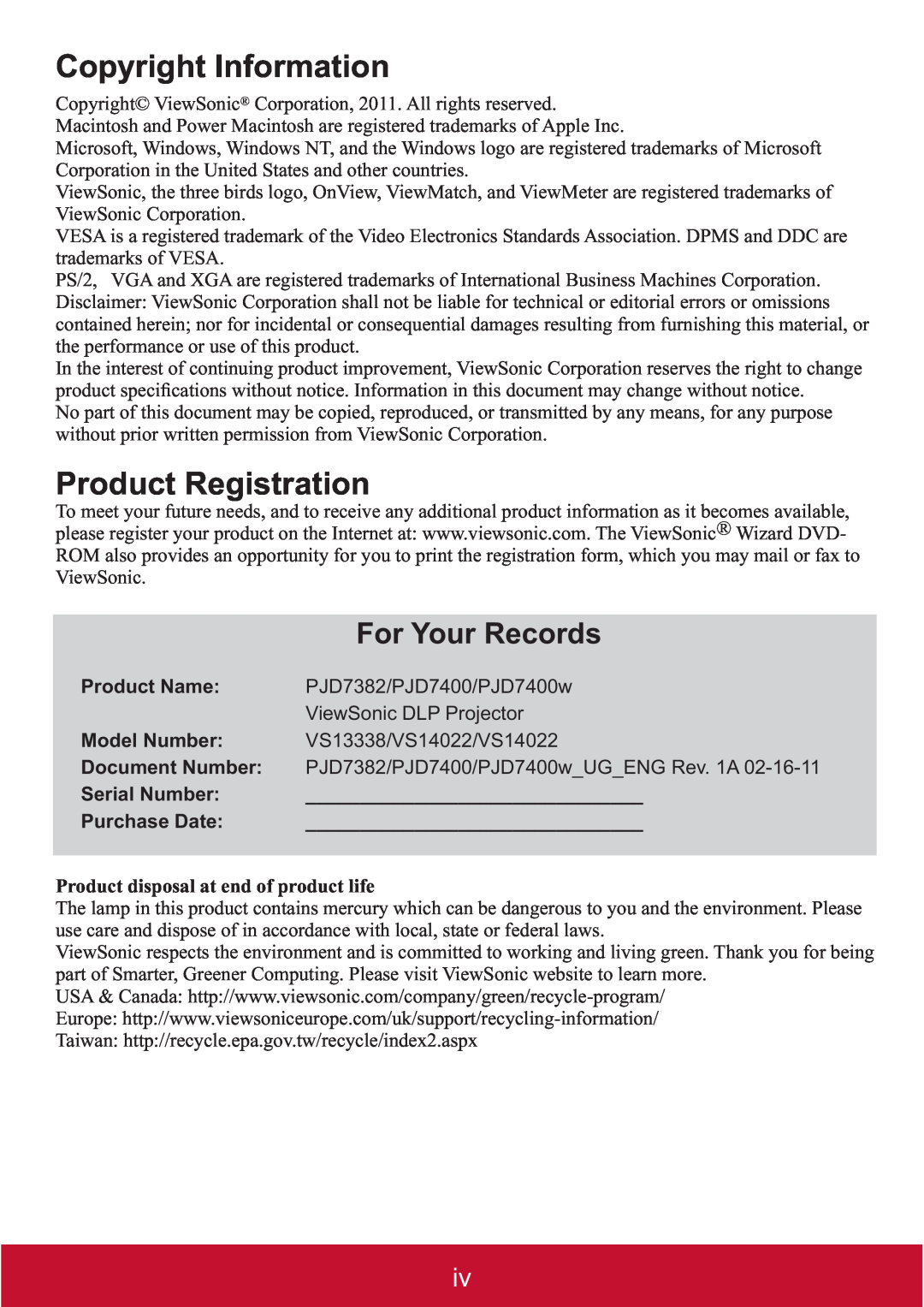 ViewSonic warranty Copyright Information, Product Registration, For Your Records, Product Name, PJD7382/PJD7400/PJD7400w 