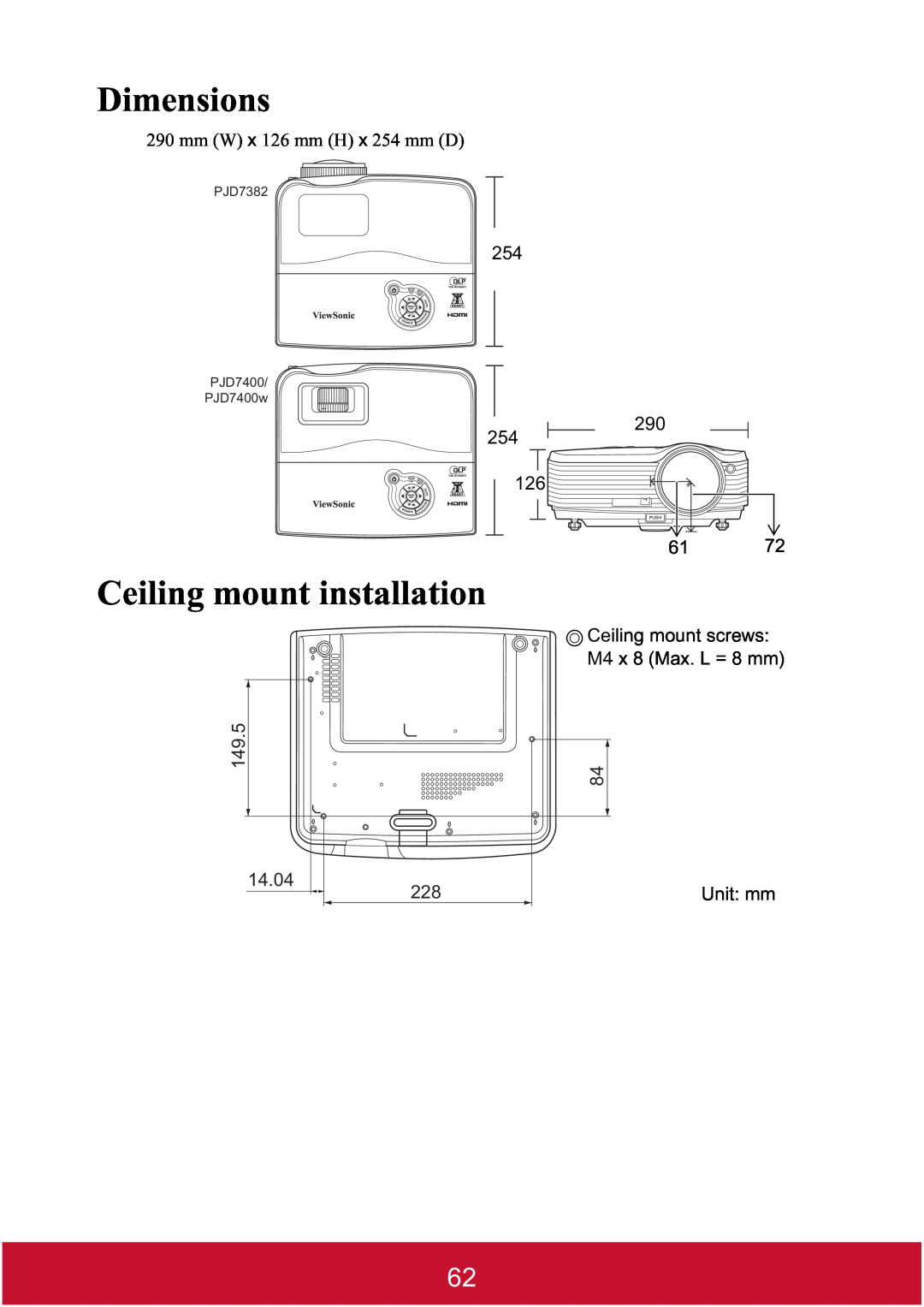 ViewSonic PJD7400W Dimensions, Ceiling mount installation, 254, 149.5, Ceiling mount screws M4 x 8 Max. L = 8 mm, 14.04 