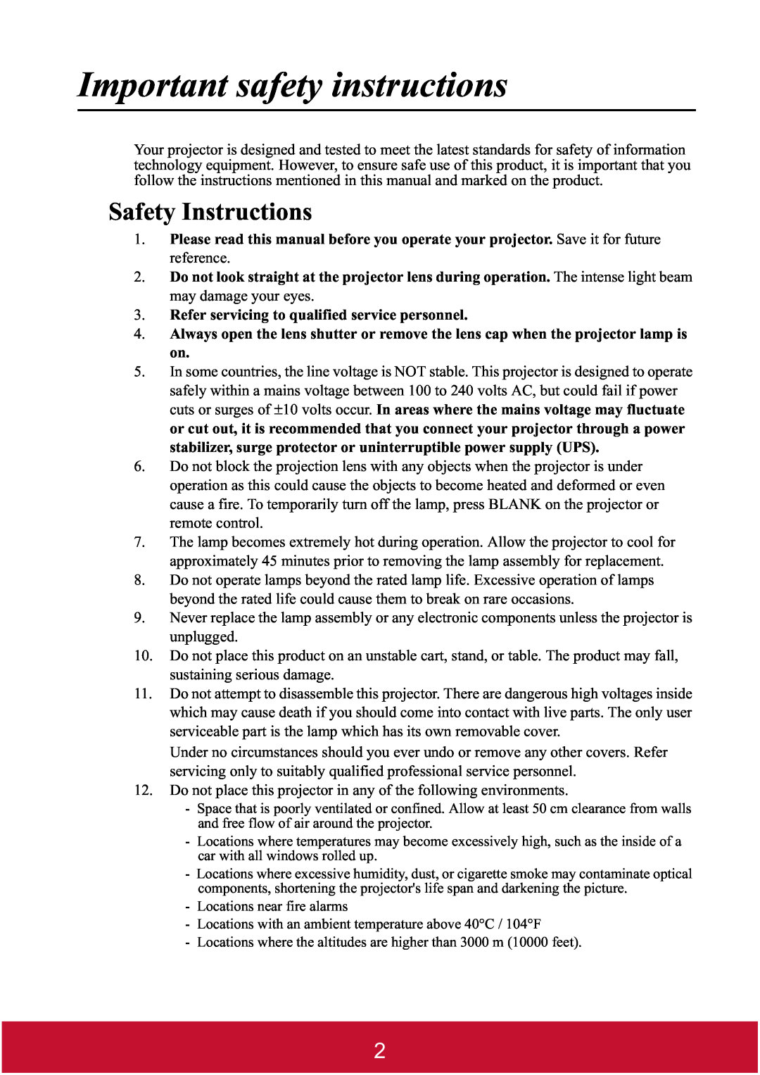 ViewSonic PJD7400W Safety Instructions, Important safety instructions, Refer servicing to qualified service personnel 