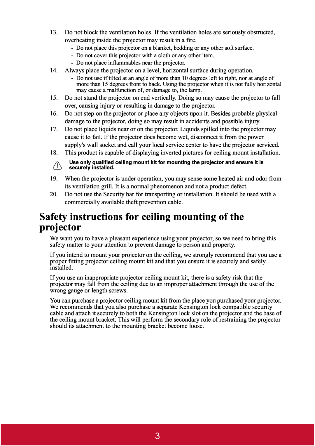 ViewSonic PJD7400 Safety instructions for ceiling mounting of the projector, Do not place inflammables near the projector 