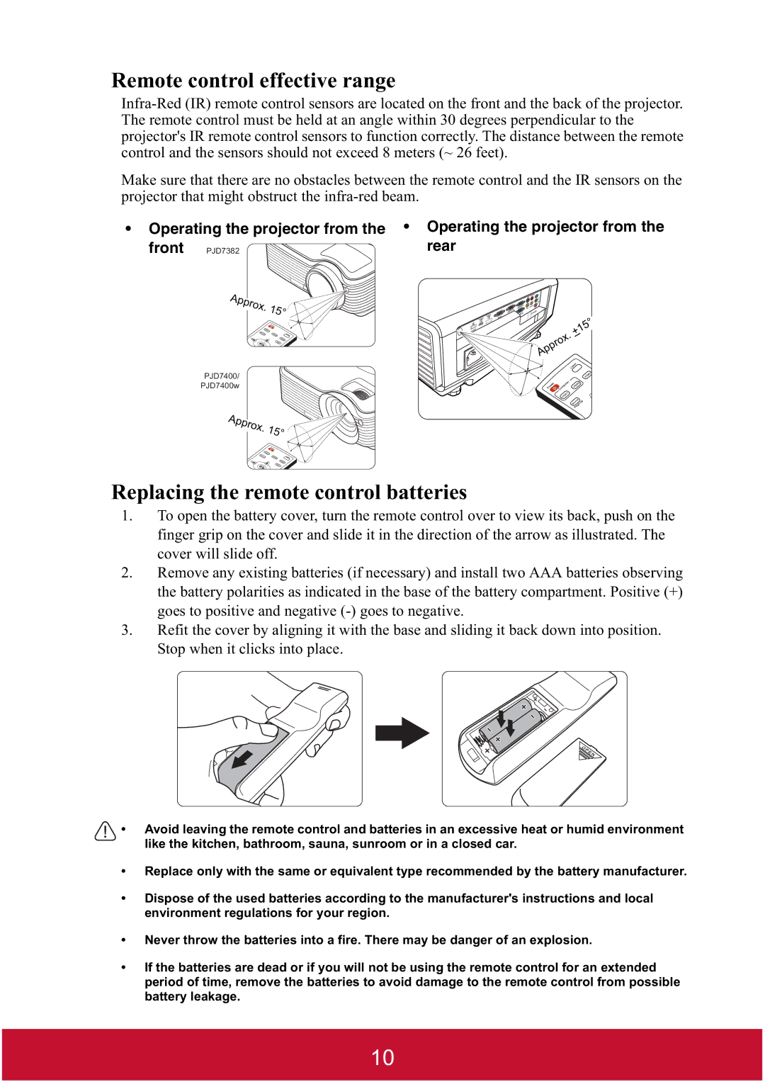ViewSonic PJD7382, PJD7400W warranty Remote control effective range, Replacing the remote control batteries 
