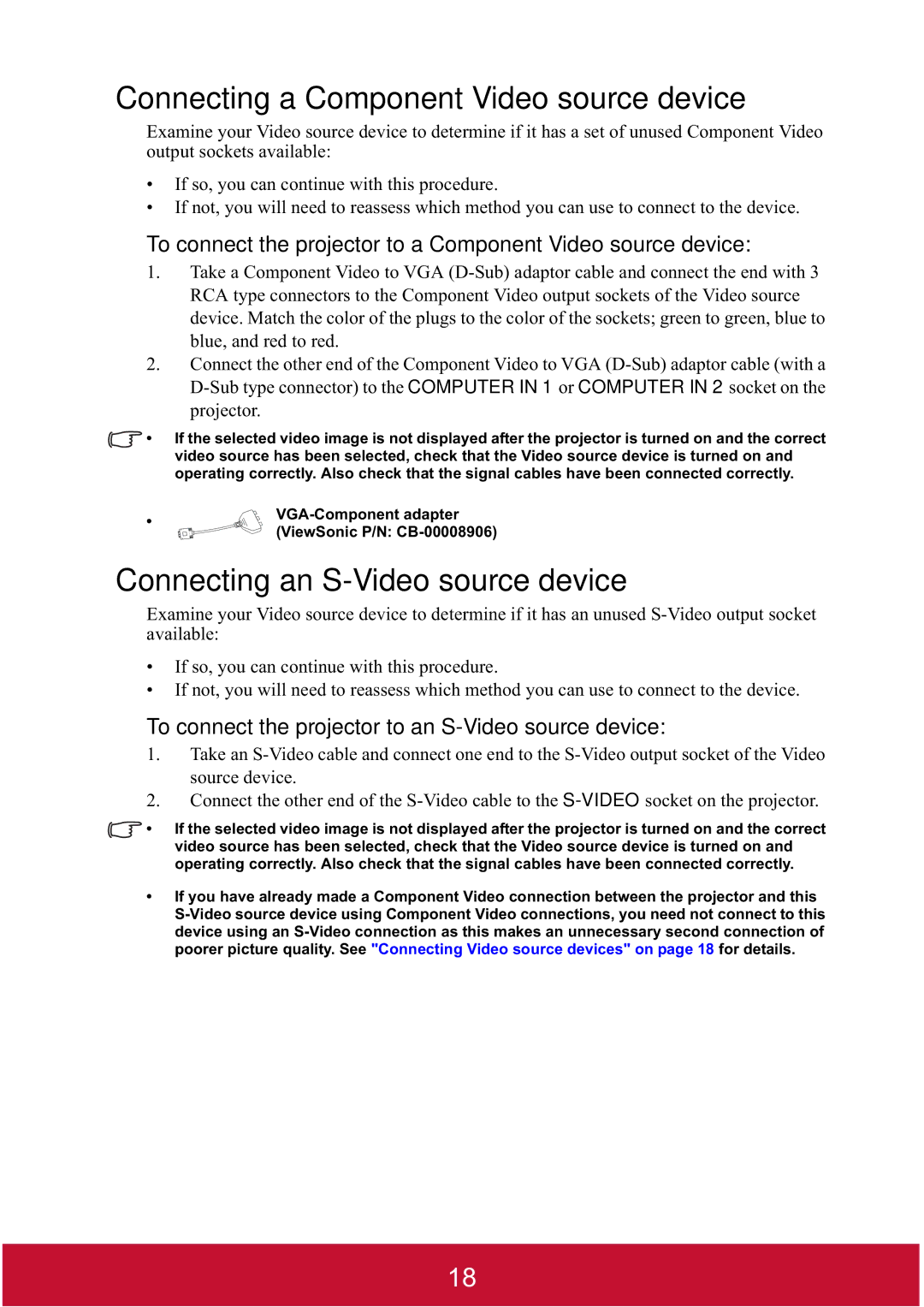 ViewSonic PJD7382, PJD7400W warranty Connecting a Component Video source device, Connecting an S-Video source device 