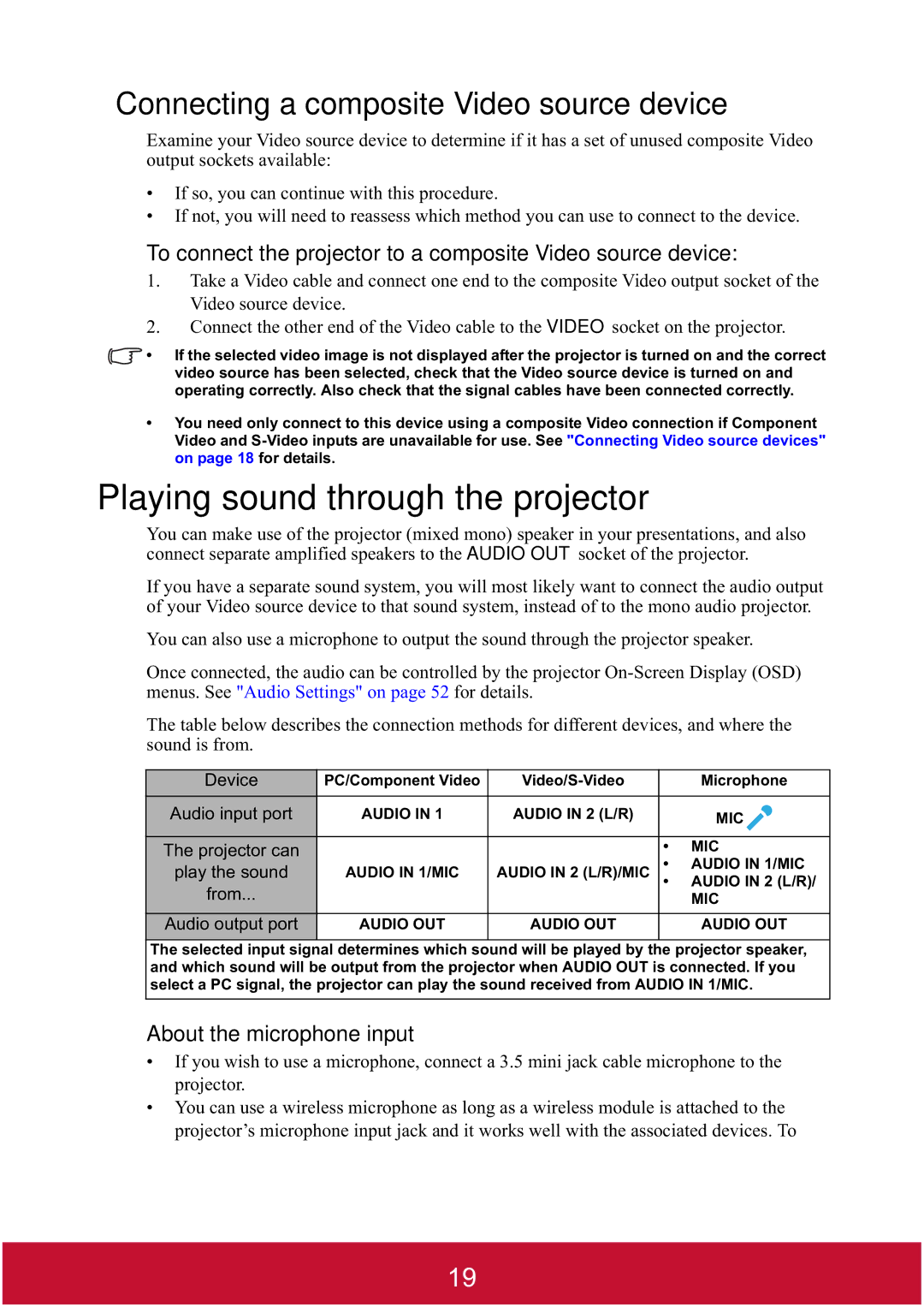 ViewSonic PJD7382, PJD7400W warranty Playing sound through the projector, Connecting a composite Video source device 