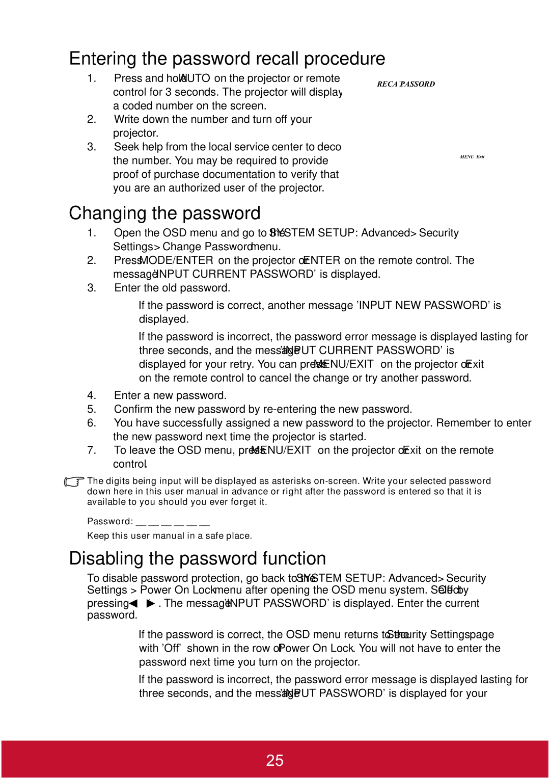 ViewSonic PJD7382, PJD7400W Entering the password recall procedure, Changing the password, Disabling the password function 