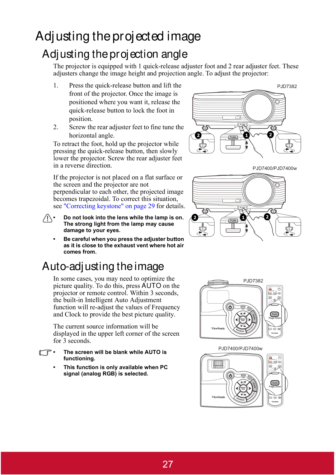 ViewSonic PJD7400, PJD7382 warranty Adjusting the projected image, Adjusting the projection angle, Auto-adjusting the image 