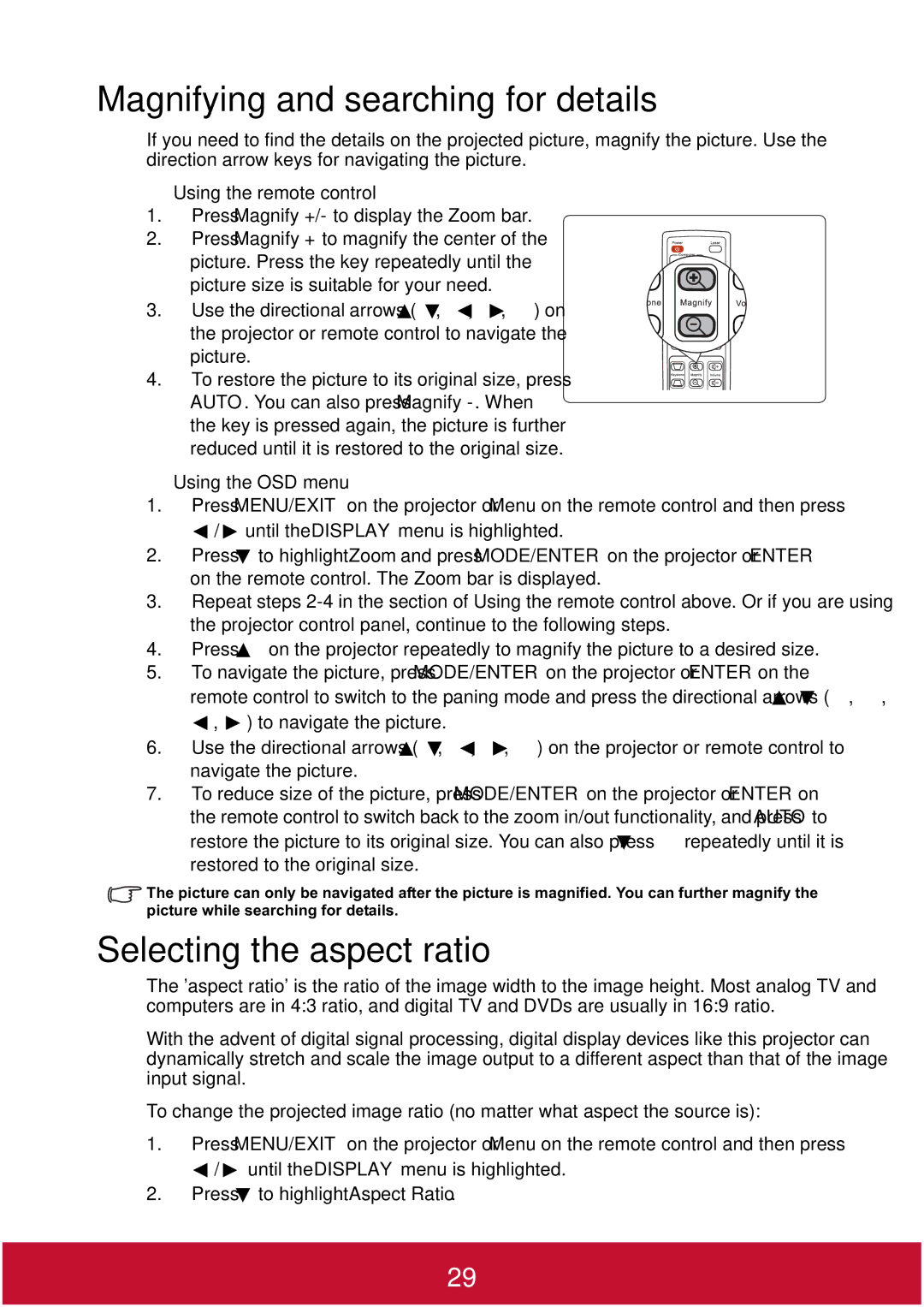 ViewSonic PJD7400W, PJD7382 warranty Magnifying and searching for details, Selecting the aspect ratio 