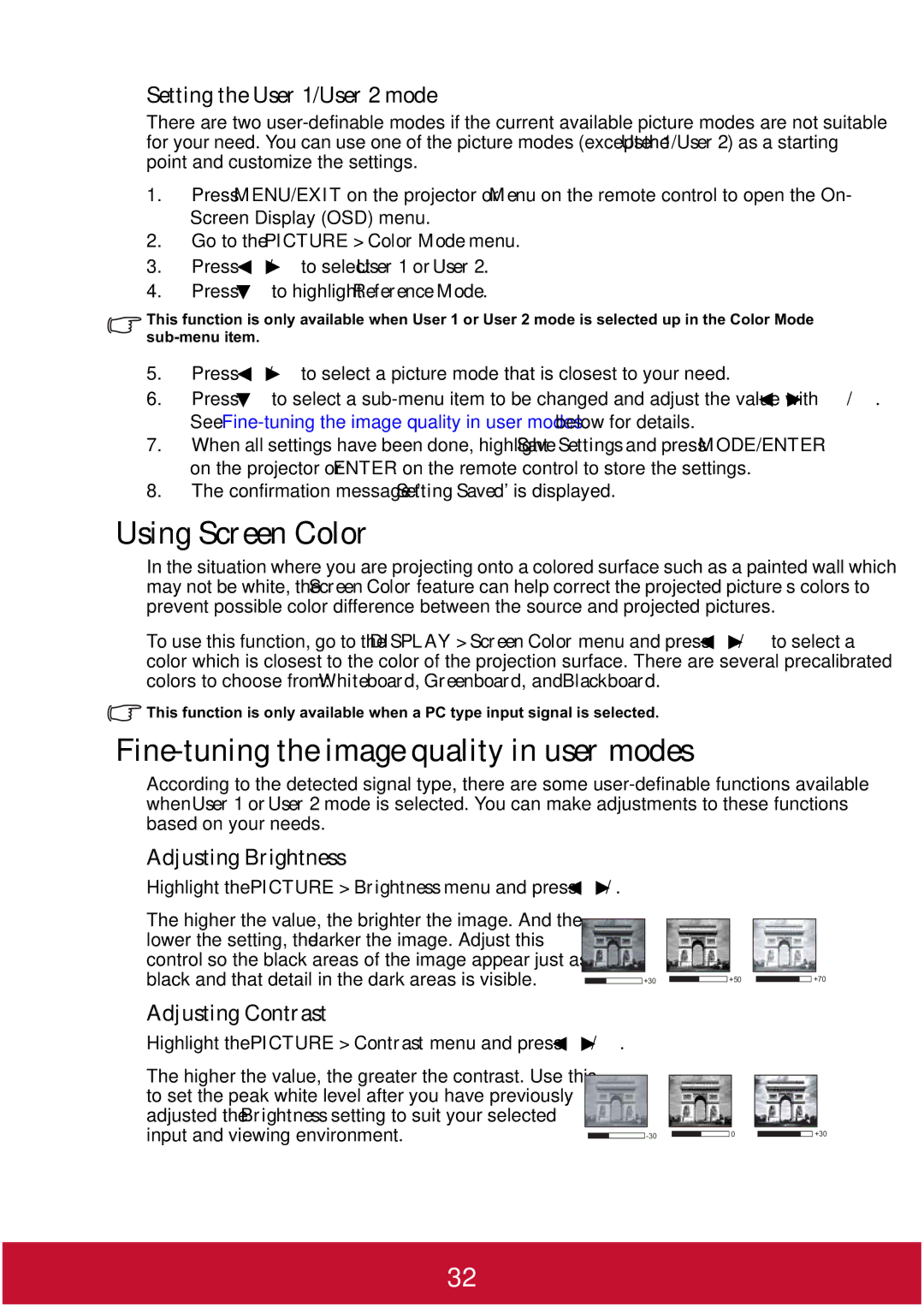 ViewSonic PJD7400W warranty Using Screen Color, Fine-tuning the image quality in user modes, Setting the User 1/User 2 mode 