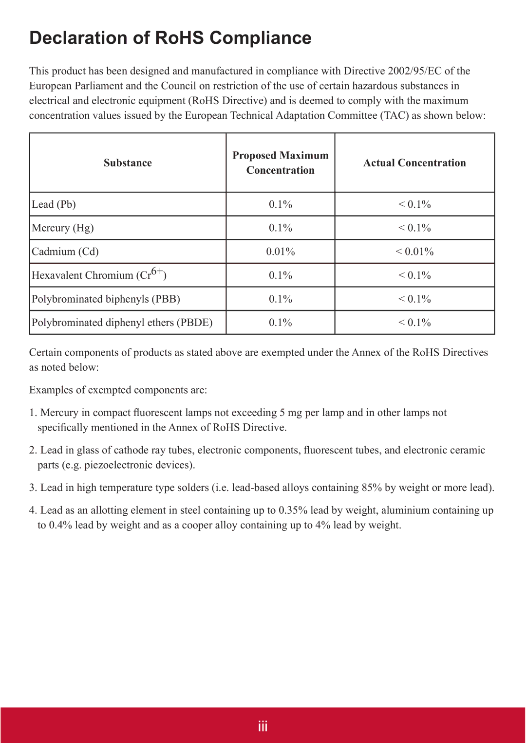 ViewSonic PJD7400W, PJD7382 warranty Declaration of RoHS Compliance 