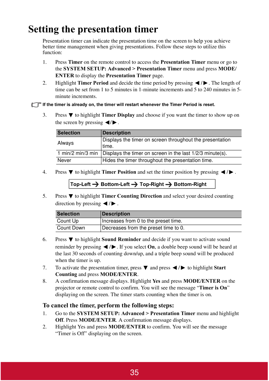 ViewSonic PJD7400W, PJD7382 warranty Setting the presentation timer, To cancel the timer, perform the following steps 