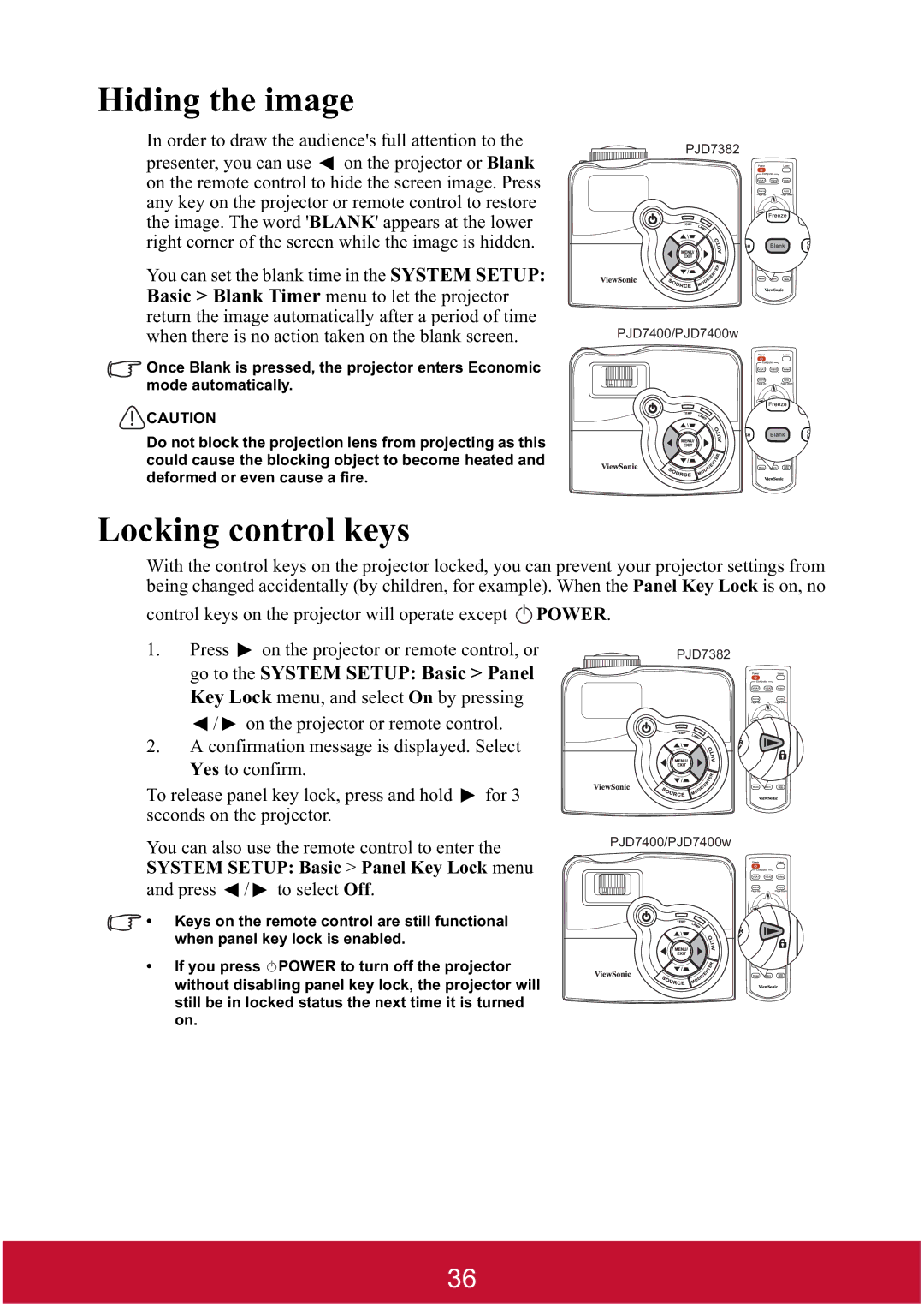 ViewSonic PJD7382, PJD7400W warranty Hiding the image, Locking control keys 