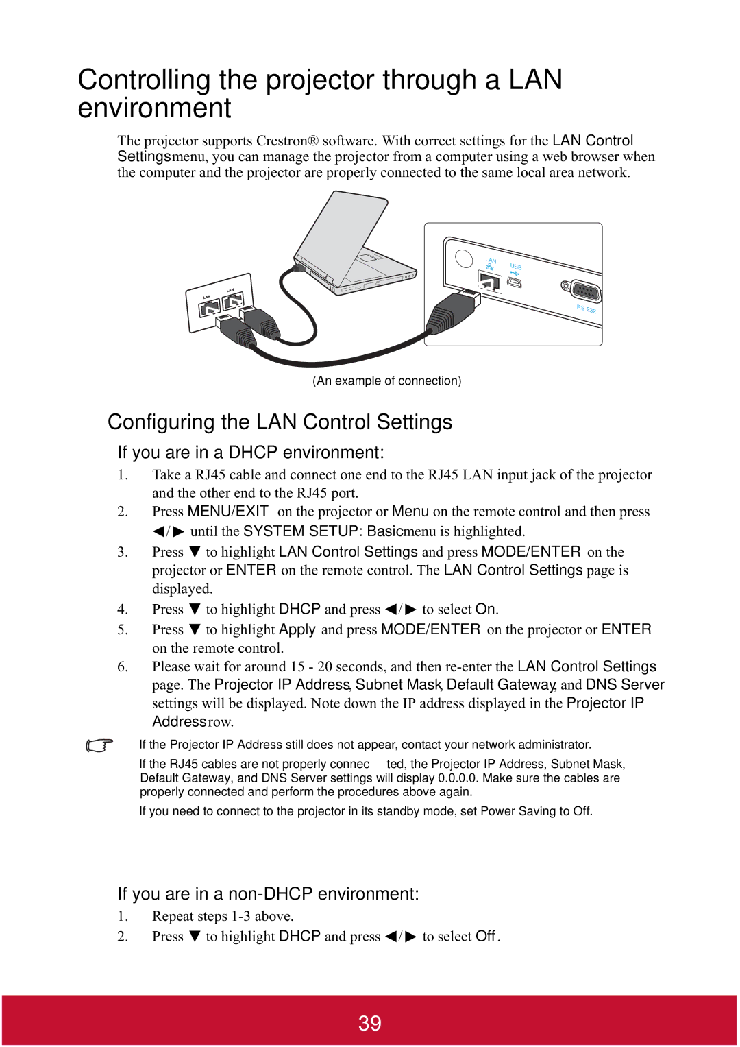 ViewSonic PJD7400, PJD7382 Controlling the projector through a LAN environment, Configuring the LAN Control Settings 