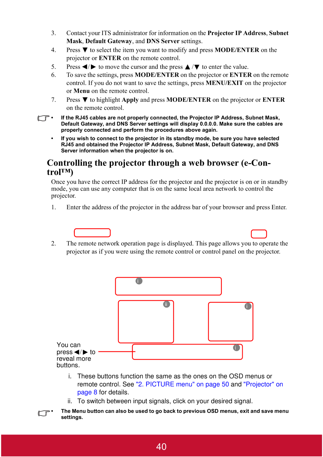 ViewSonic PJD7382, PJD7400W warranty Controlling the projector through a web browser e-Con- trol 