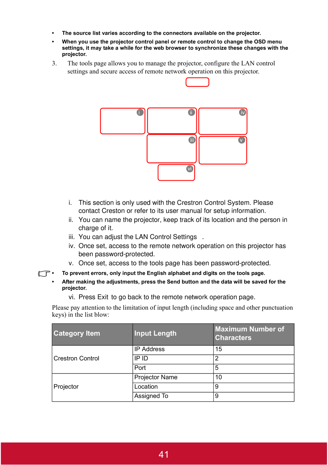 ViewSonic PJD7400W, PJD7382 warranty Category Item Input Length Maximum Number Characters 