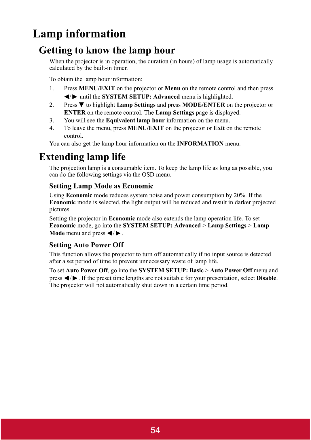 ViewSonic PJD7400 Lamp information, Getting to know the lamp hour, Extending lamp life, Setting Lamp Mode as Economic 