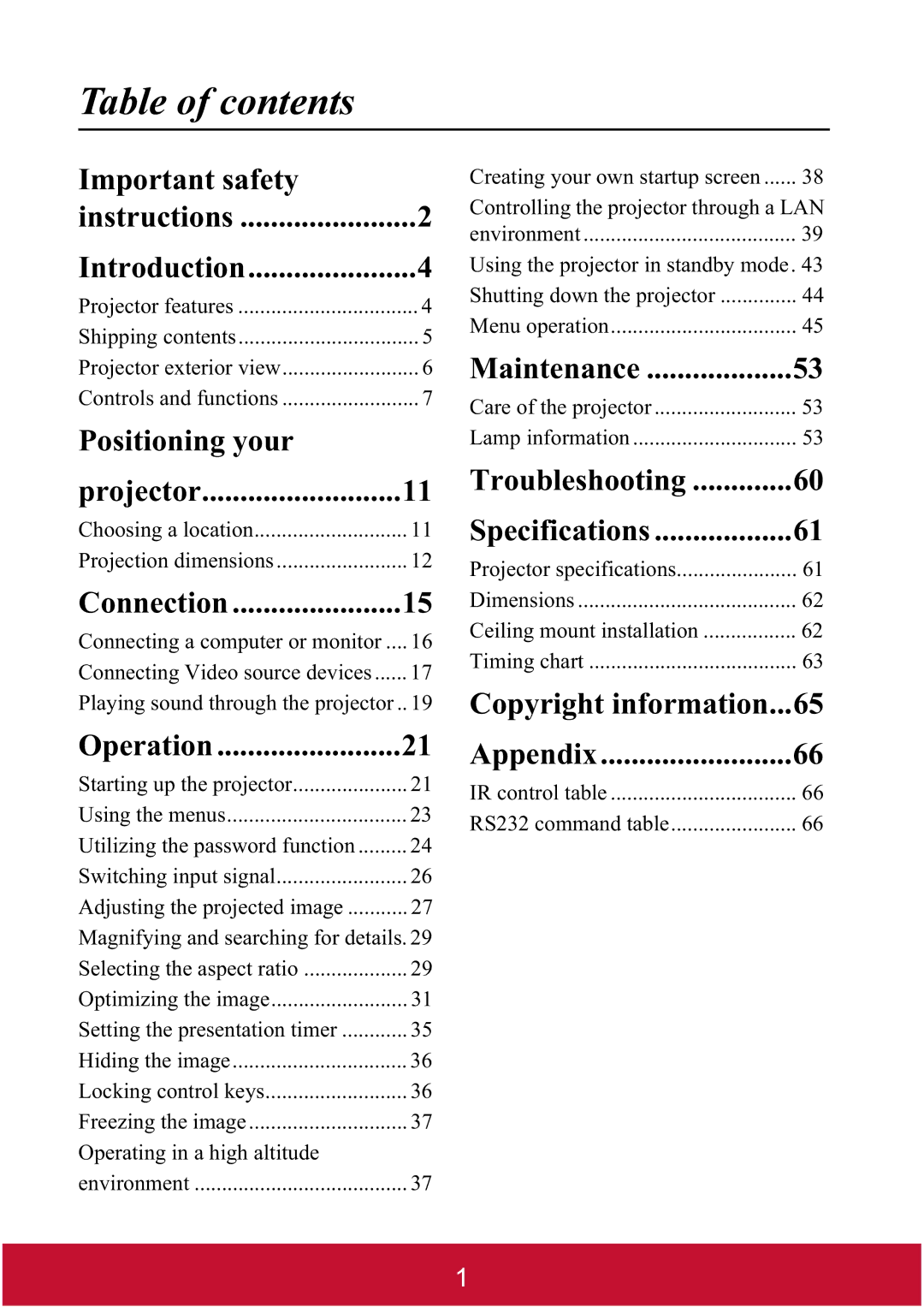 ViewSonic PJD7382, PJD7400W warranty Table of contents 