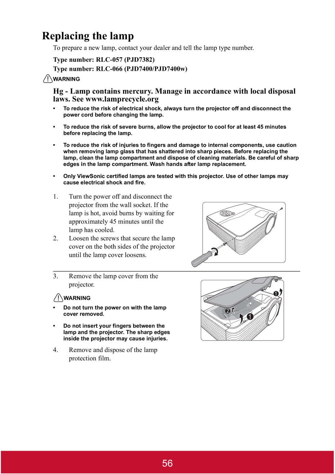 ViewSonic PJD7400W, PJD7382 warranty Replacing the lamp 