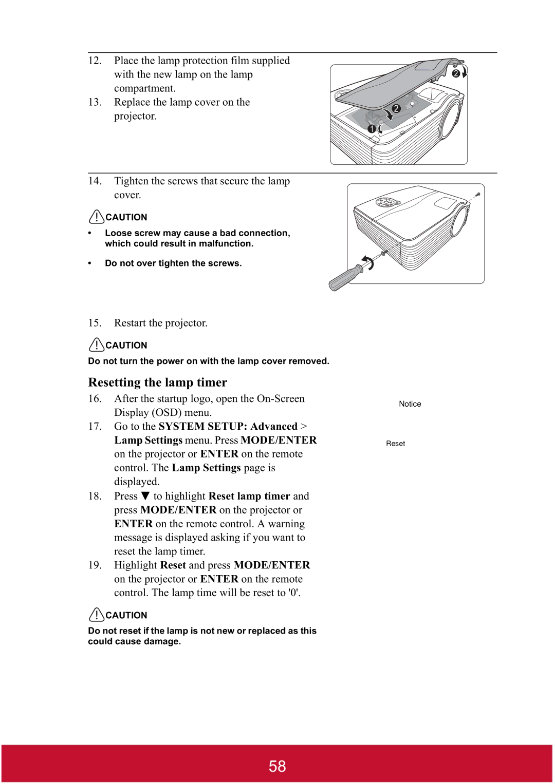 ViewSonic PJD7382, PJD7400W warranty Resetting the lamp timer 