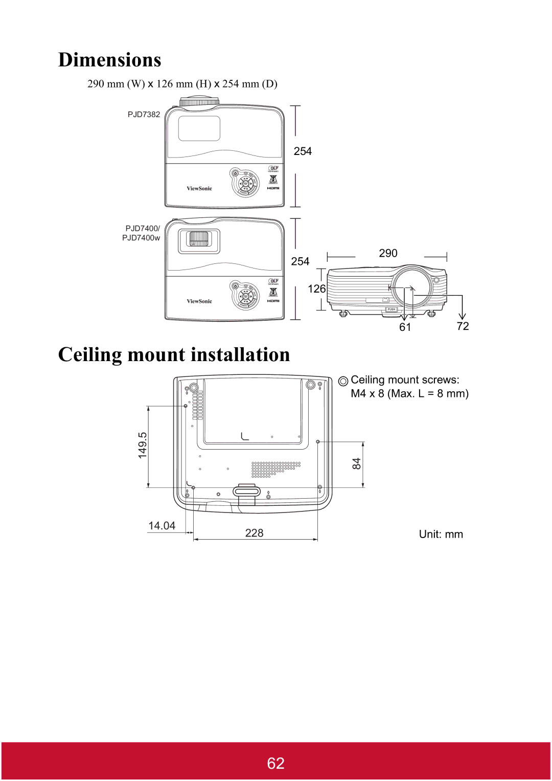 ViewSonic PJD7400W, PJD7382 warranty Dimensions, Ceiling mount installation 