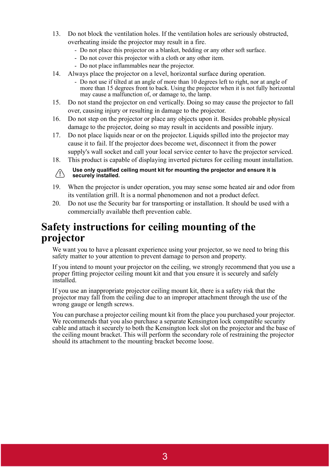 ViewSonic PJD7382, PJD7400W warranty Safety instructions for ceiling mounting of the projector 