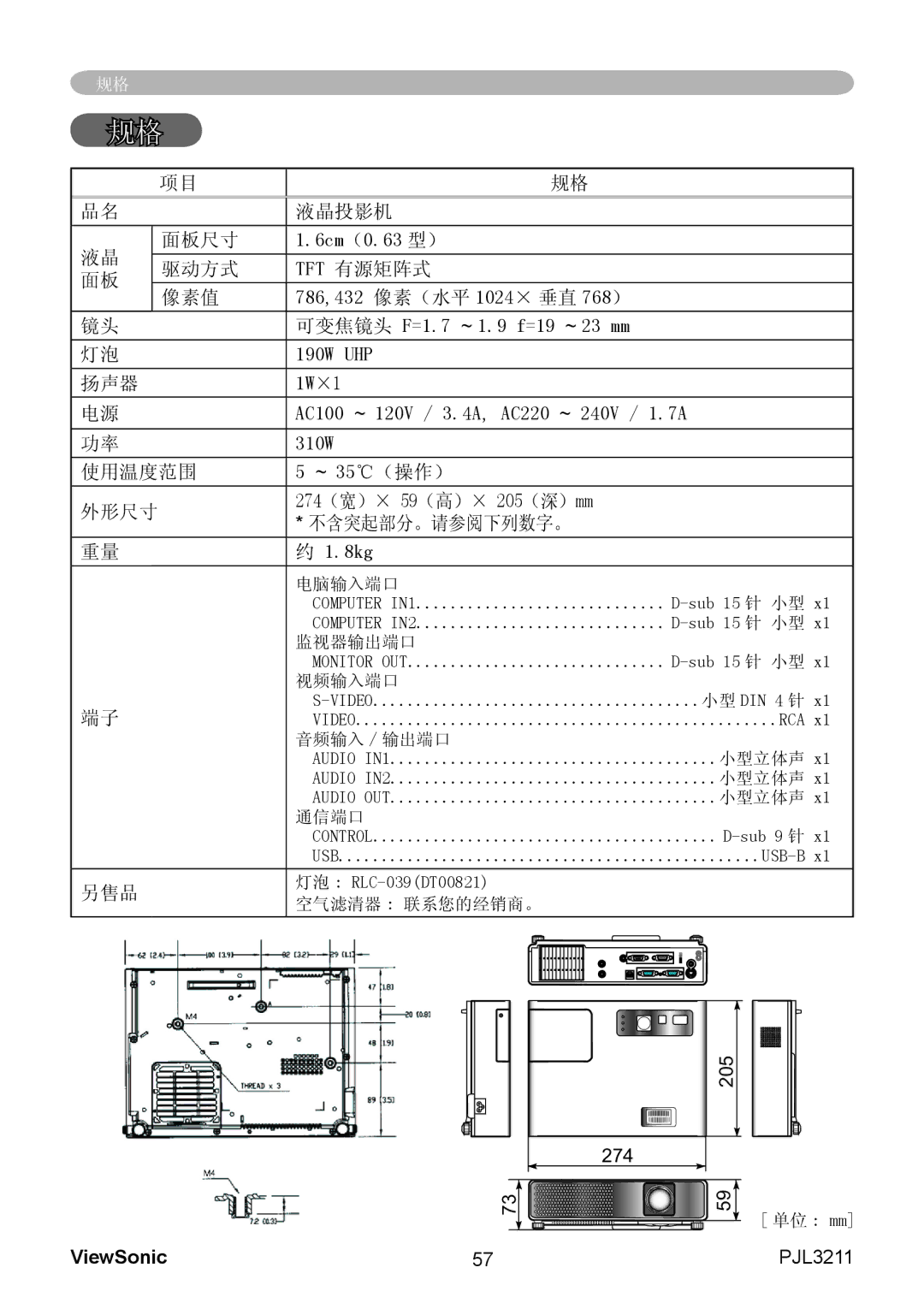 ViewSonic PJL3211 manual 另售品 