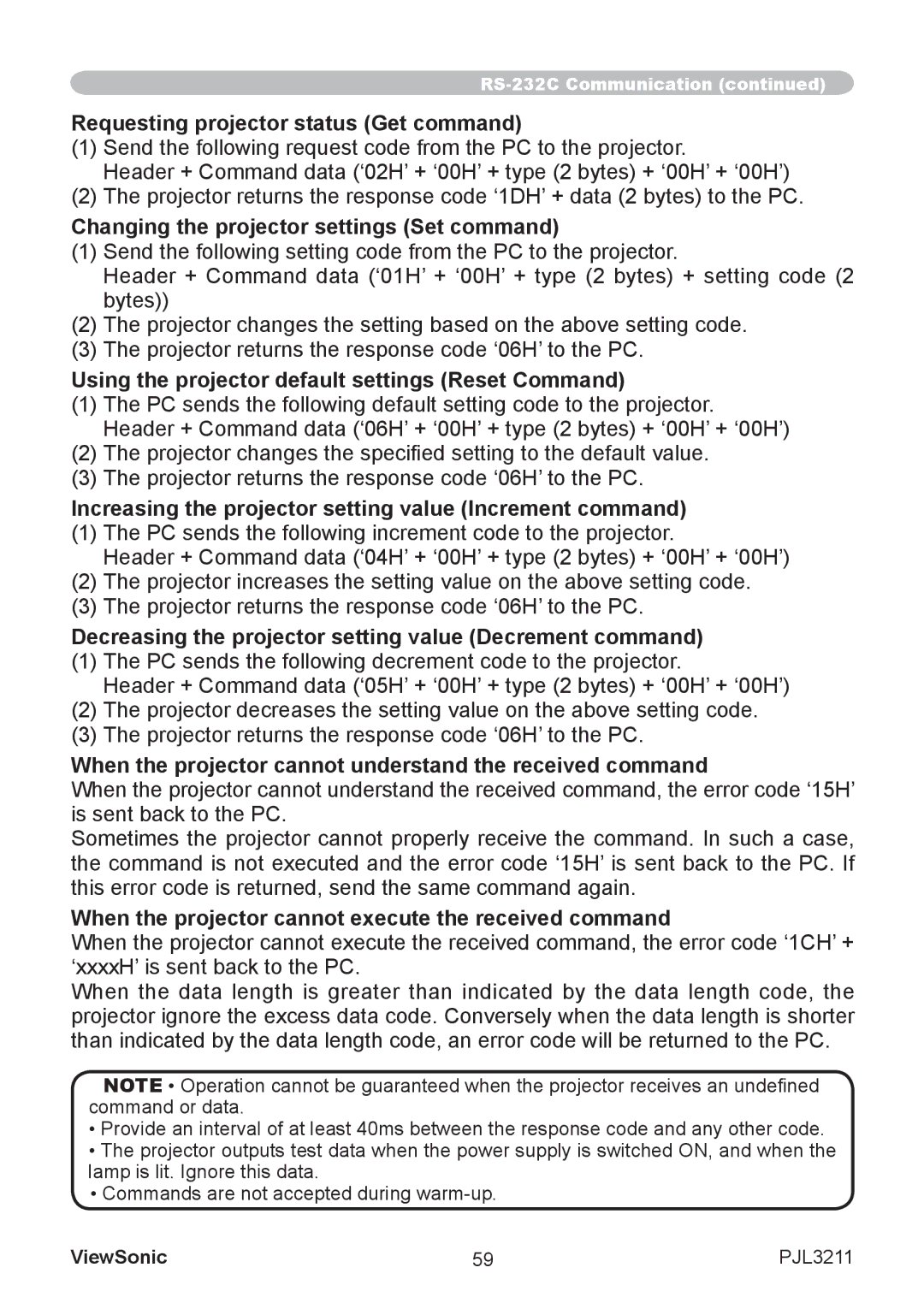 ViewSonic PJL3211 manual Requesting projector status Get command 