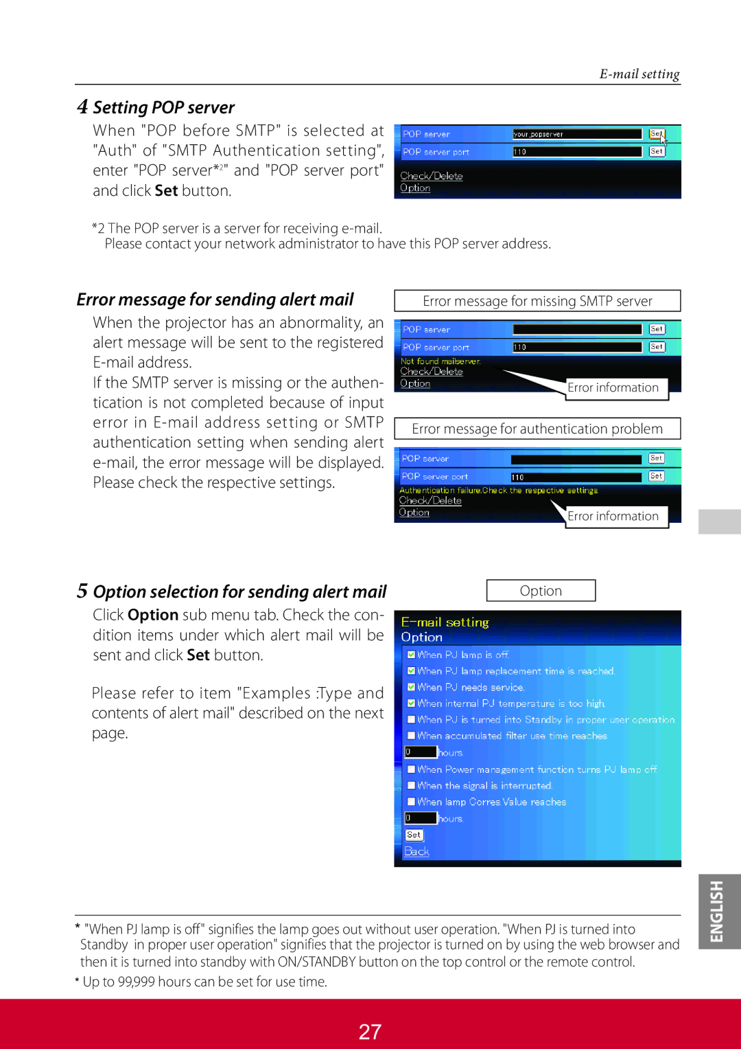 ViewSonic PJL6223 Setting POP server, Error message for sending alert mail, Option selection for sending alert mail 