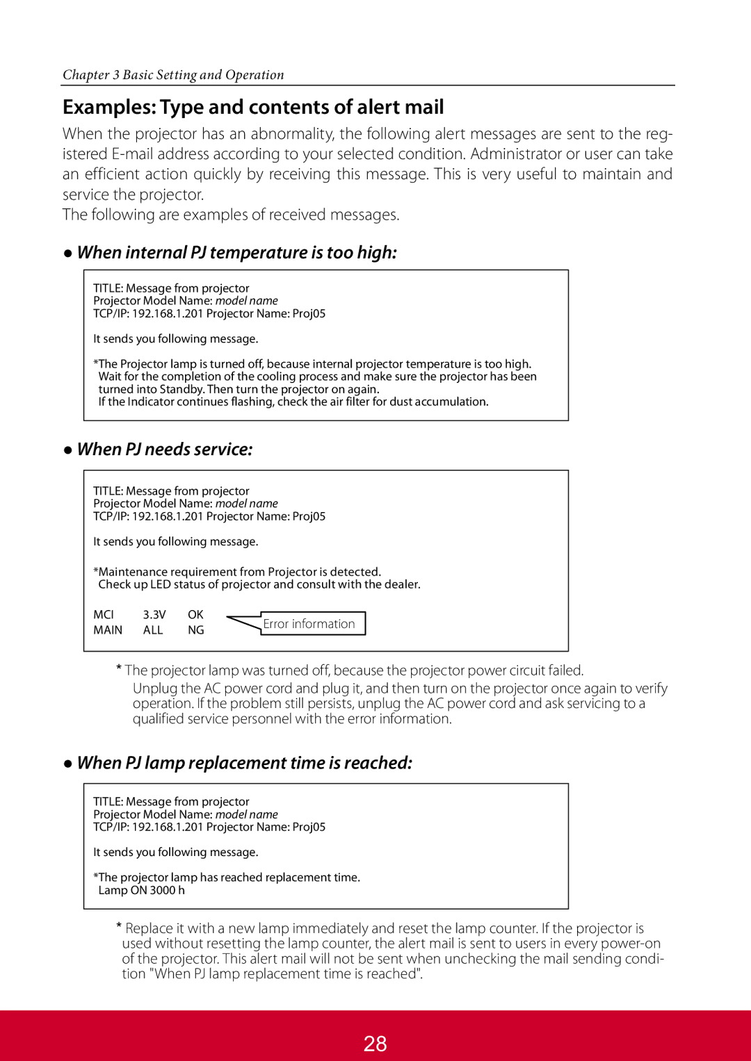 ViewSonic PJL6233, PJL6223 warranty Examples Type and contents of alert mail 