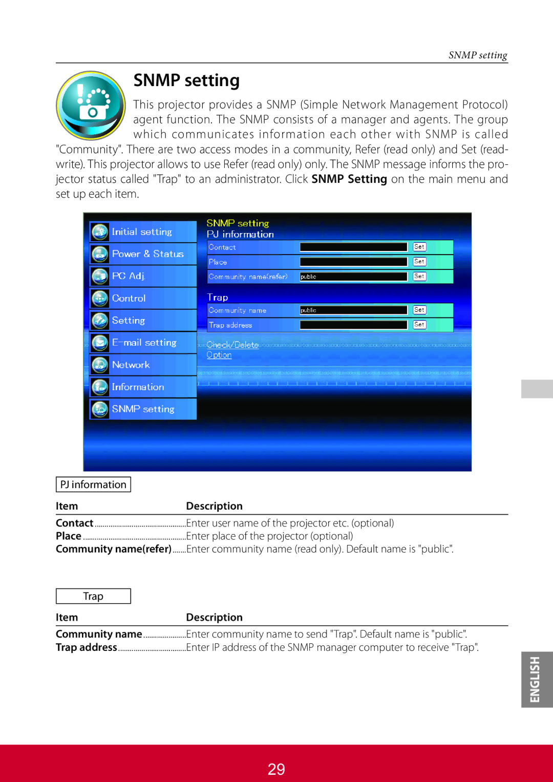 ViewSonic PJL6223, PJL6233 warranty Snmp setting 