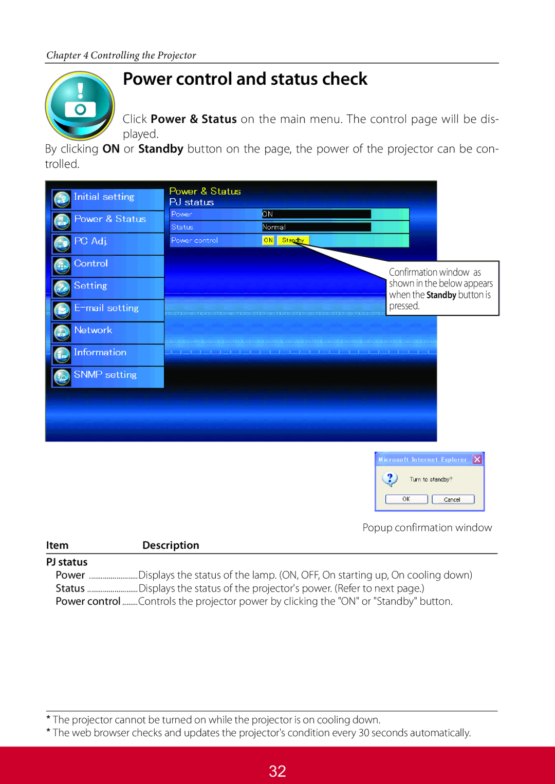 ViewSonic PJL6233, PJL6223 warranty Power control and status check, Popup confirmation window, PJ status 