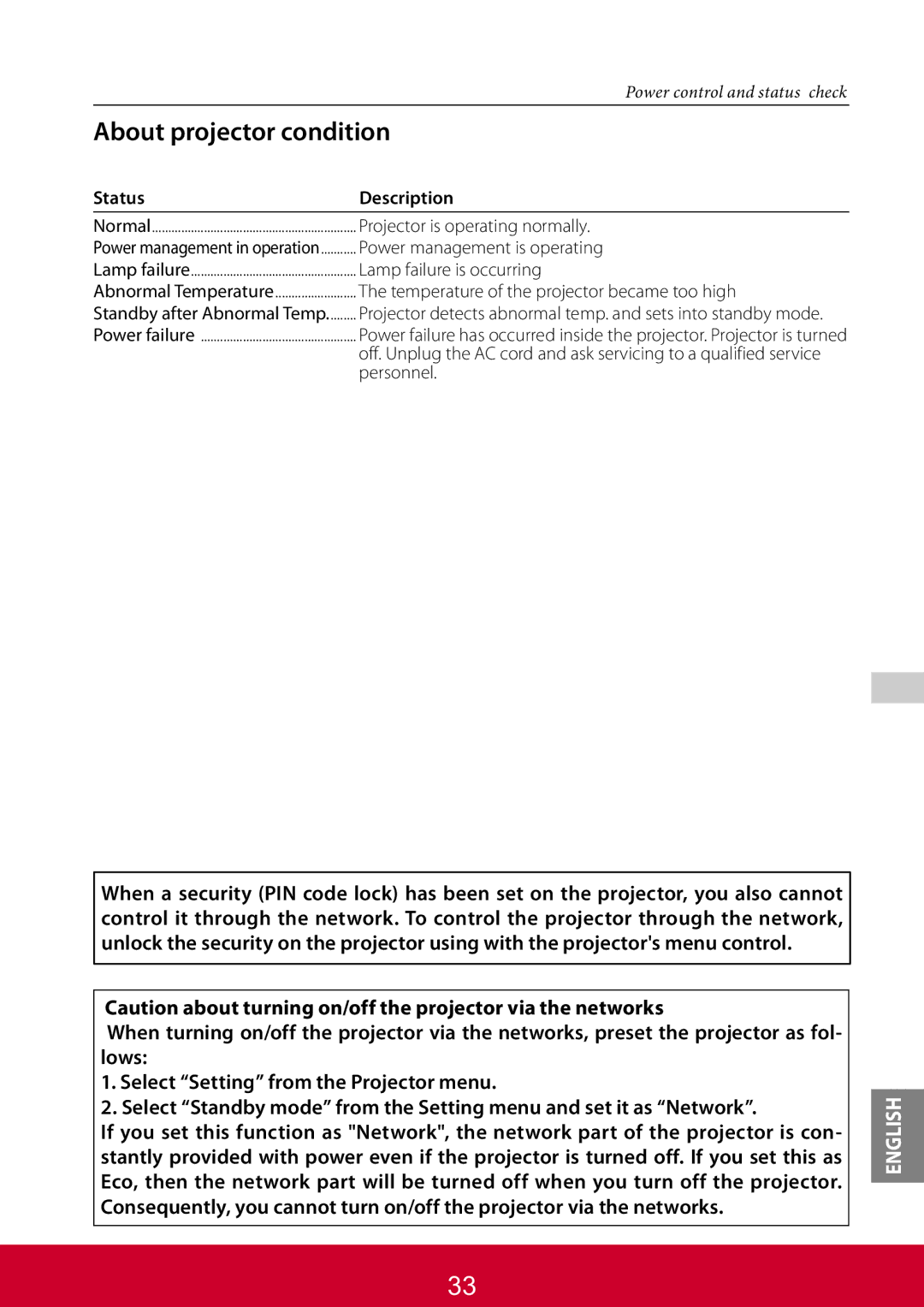 ViewSonic PJL6223, PJL6233 warranty About projector condition, Status Description 