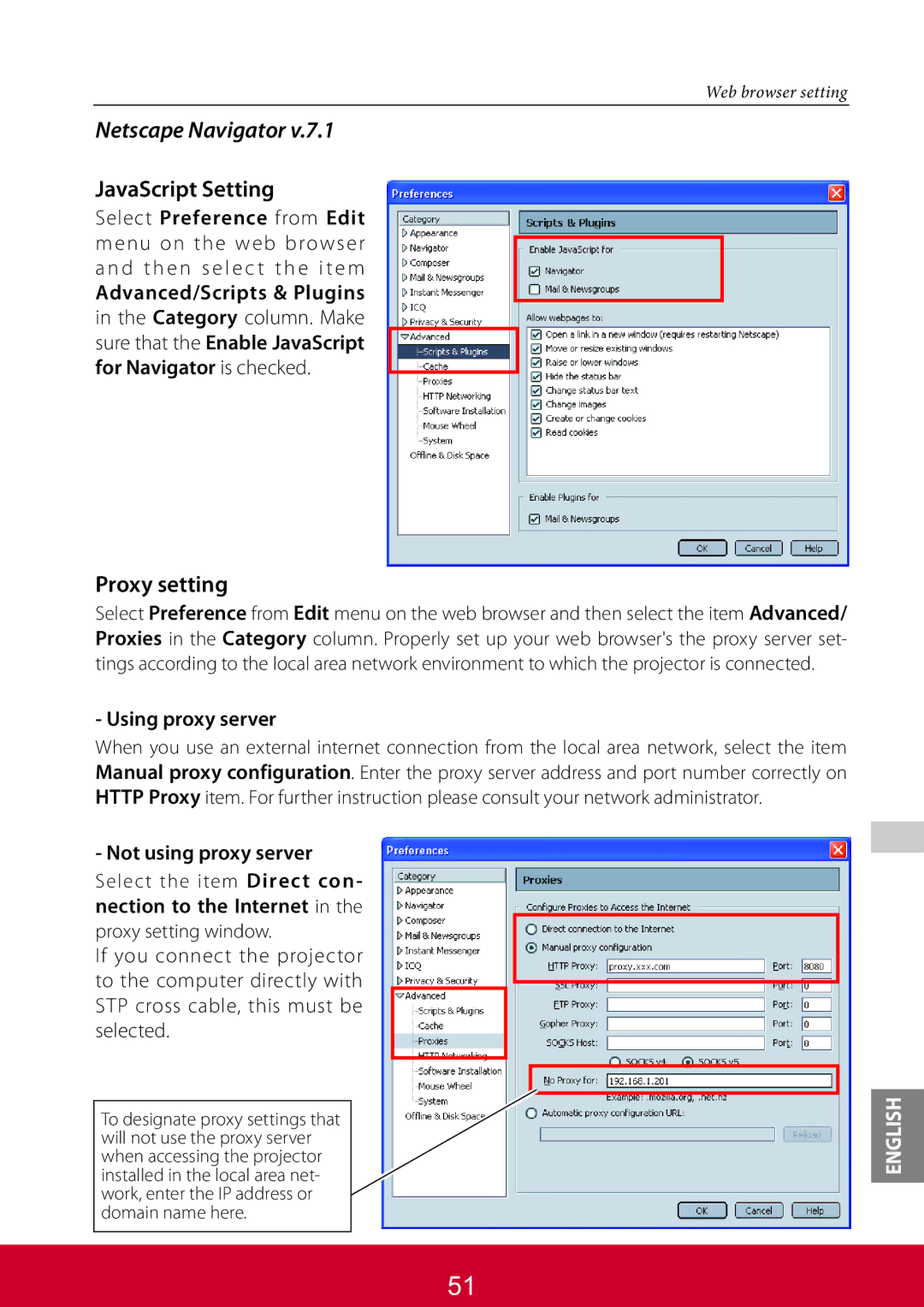 ViewSonic PJL6223, PJL6233 warranty Netscape Navigator, JavaScript Setting 