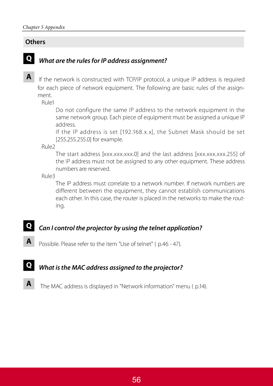 ViewSonic PJL6233 What are the rules for IP address assignment?, What is the MAC address assigned to the projector? 