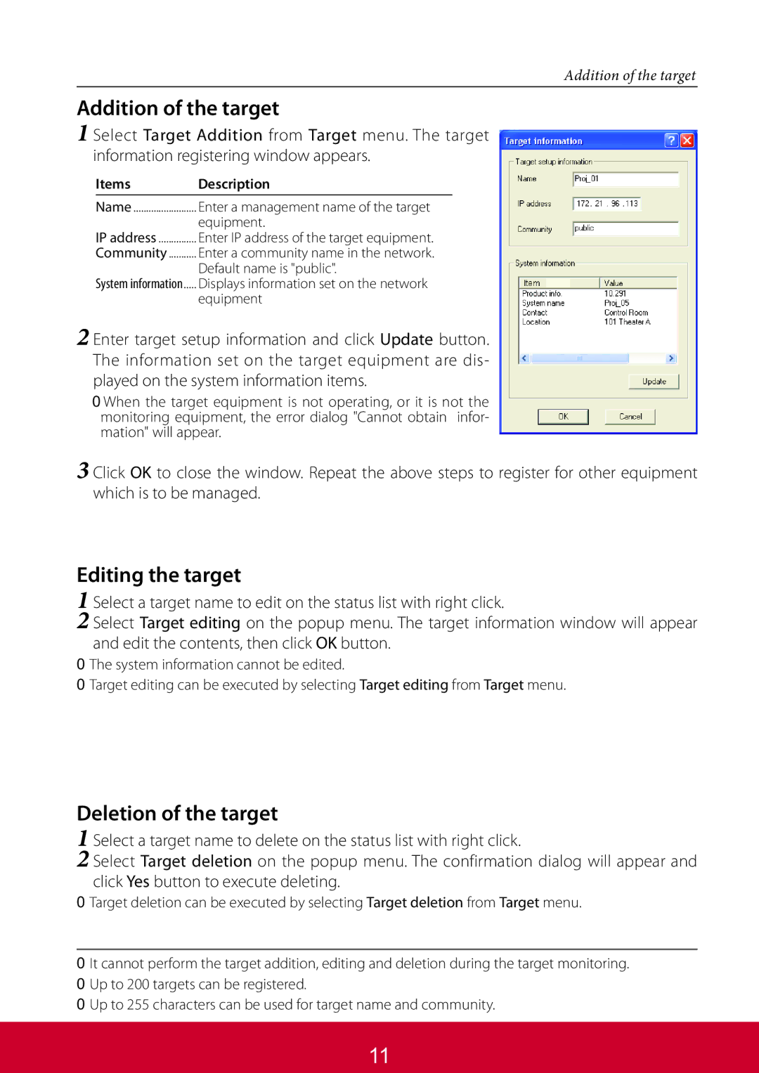 ViewSonic PJL6233 Addition of the target, Editing the target, Deletion of the target, Equipment, Default name is public 