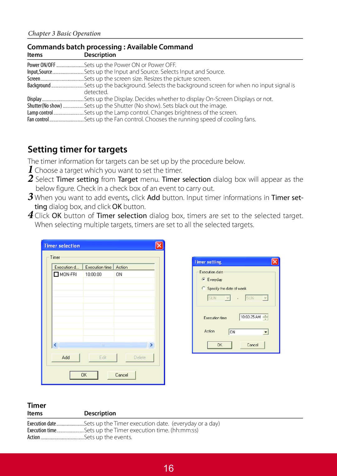 ViewSonic PJL6223, PJL6233 warranty Setting timer for targets, Commands batch processing Available Command 