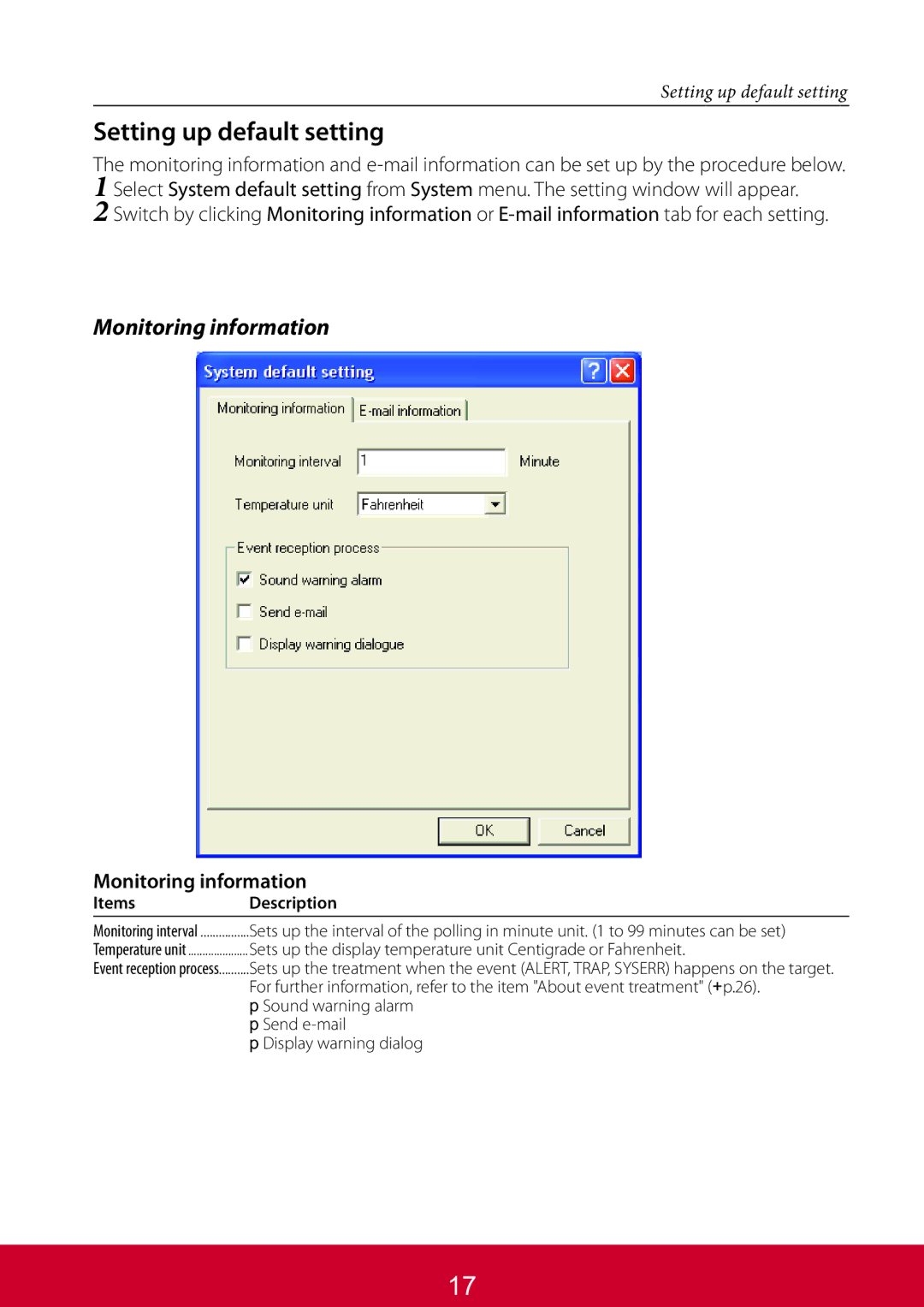 ViewSonic PJL6233, PJL6223 warranty Setting up default setting, Monitoring information 