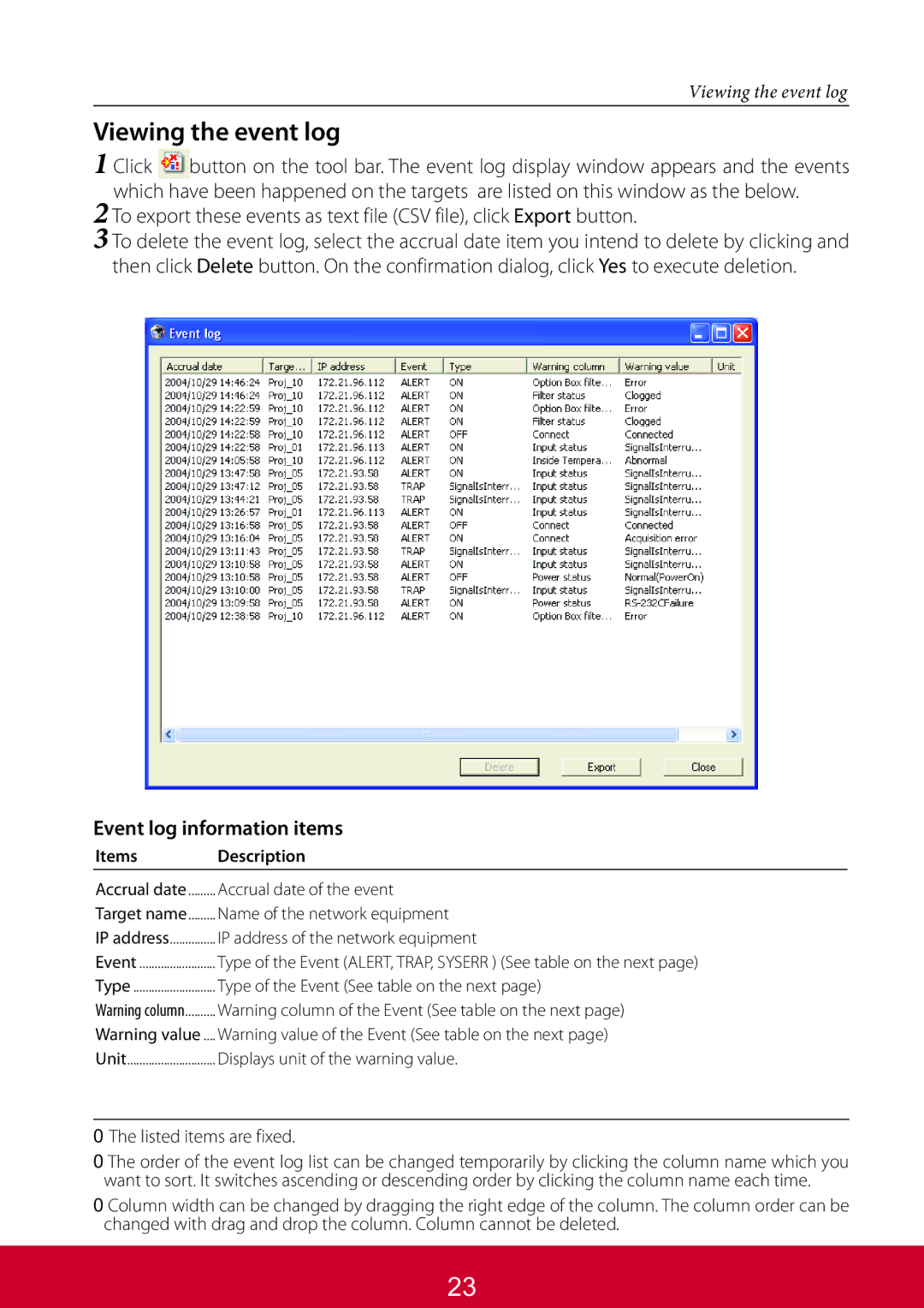 ViewSonic PJL6233, PJL6223 warranty Viewing the event log, Event log information items 