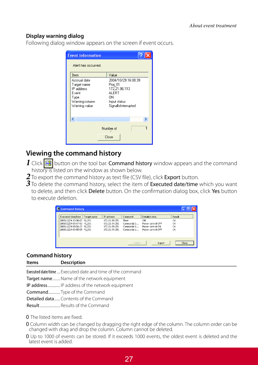 ViewSonic PJL6233, PJL6223 warranty Viewing the command history, Display warning dialog, Command history 