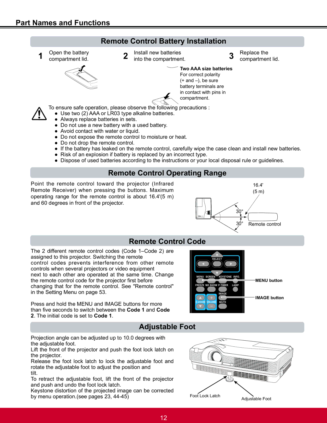 ViewSonic PJL6223, PJL6233 warranty Remote Control Operating Range, Remote Control Code, Adjustable Foot 