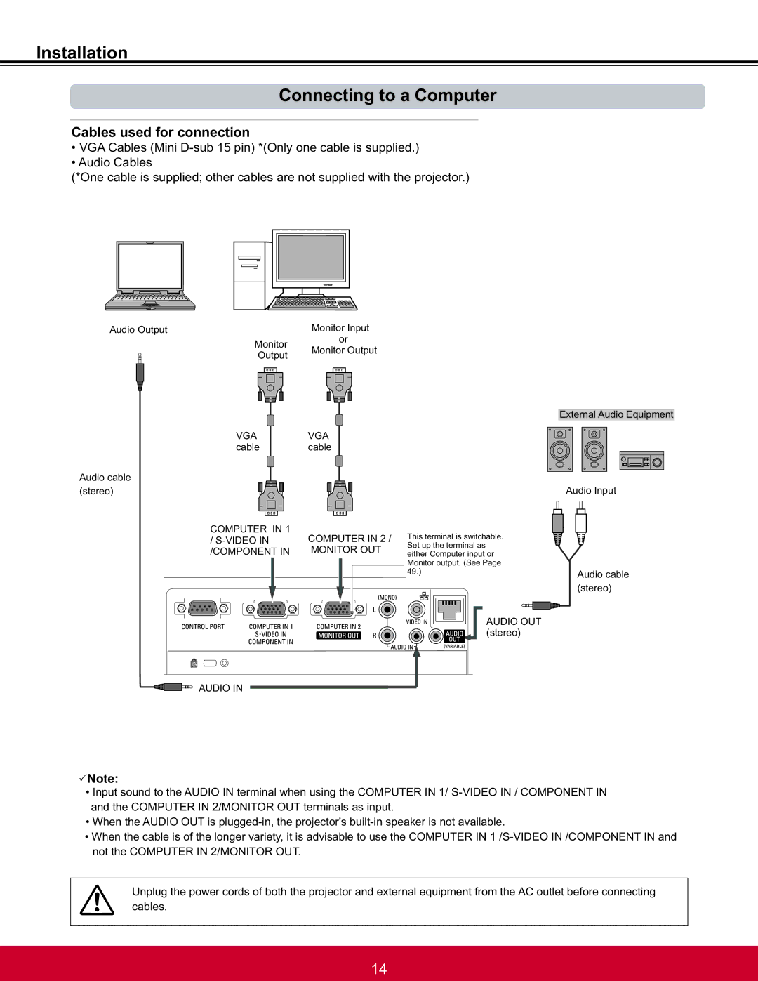 ViewSonic PJL6223, PJL6233 warranty Installation Connecting to a Computer, Cables used for connection 