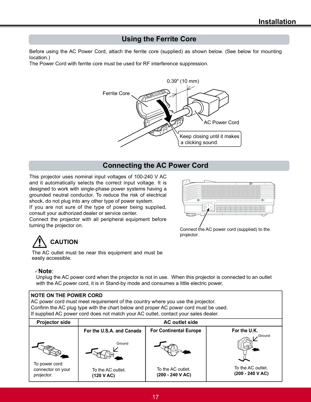 ViewSonic PJL6233, PJL6223 warranty Installation Using the Ferrite Core, Connecting the AC Power Cord, 3Note 