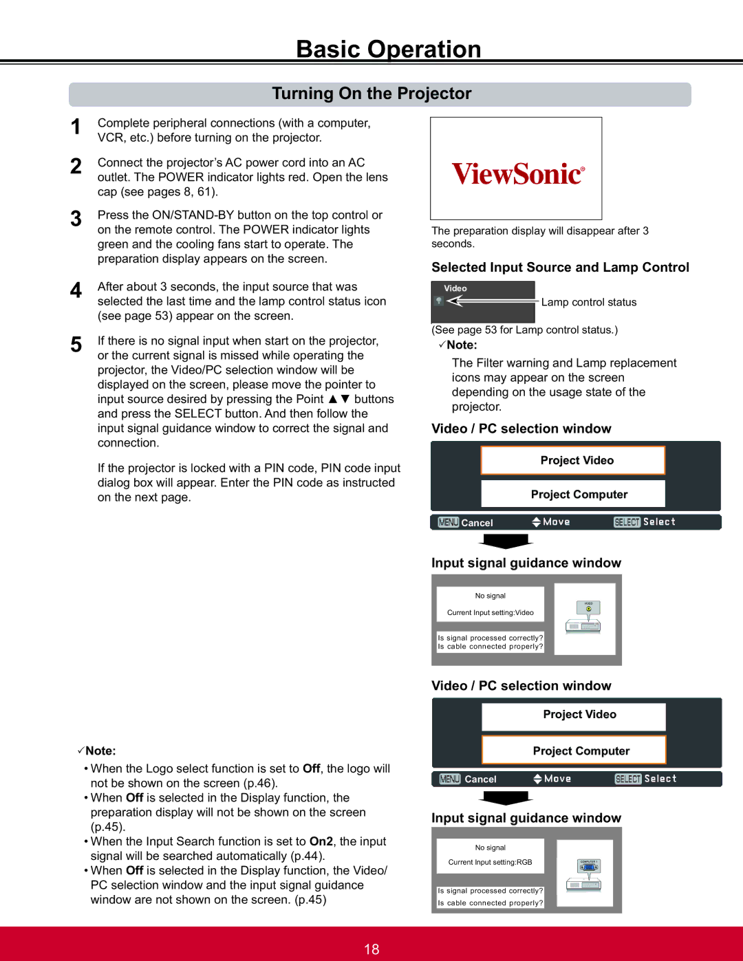 ViewSonic PJL6223, PJL6233 warranty Basic Operation, Turning On the Projector, Selected Input Source and Lamp Control 