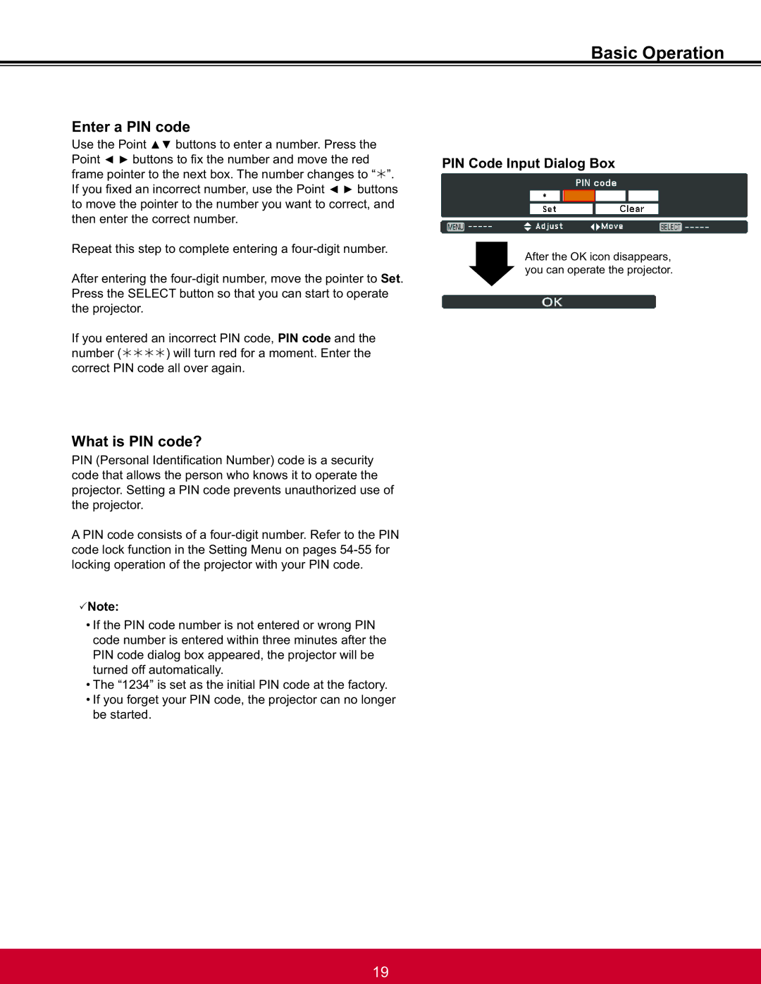 ViewSonic PJL6233, PJL6223 warranty Basic Operation, Enter a PIN code, What is PIN code?, PIN Code Input Dialog Box 