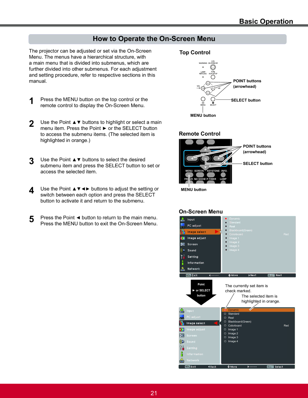 ViewSonic PJL6233, PJL6223 warranty Basic Operation How to Operate the On-Screen Menu, Top Control, Remote Control 