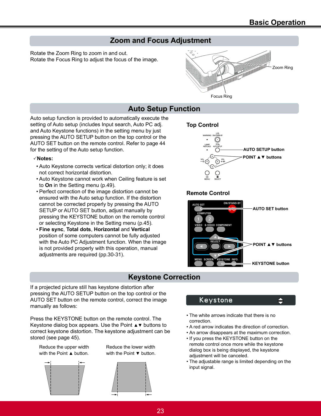 ViewSonic PJL6233, PJL6223 Basic Operation Zoom and Focus Adjustment, Auto Setup Function, Keystone Correction, 3Notes 