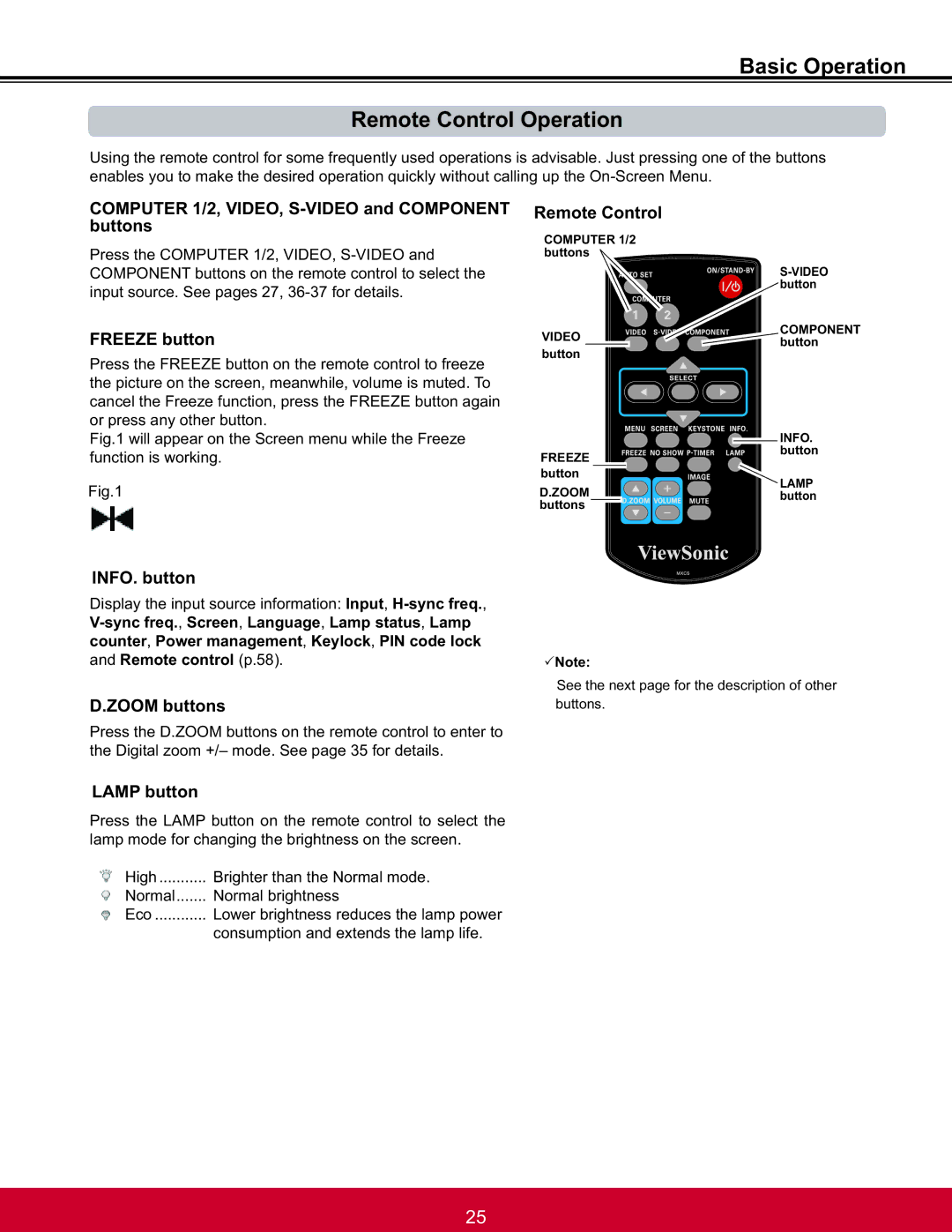 ViewSonic PJL6233 warranty Basic Operation Remote Control Operation, Freeze button, INFO. button, Zoom buttons, Lamp button 