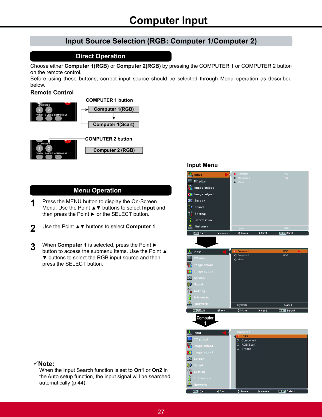 ViewSonic PJL6233, PJL6223 warranty Computer Input, Input Source Selection RGB Computer 1/Computer, Input Menu 